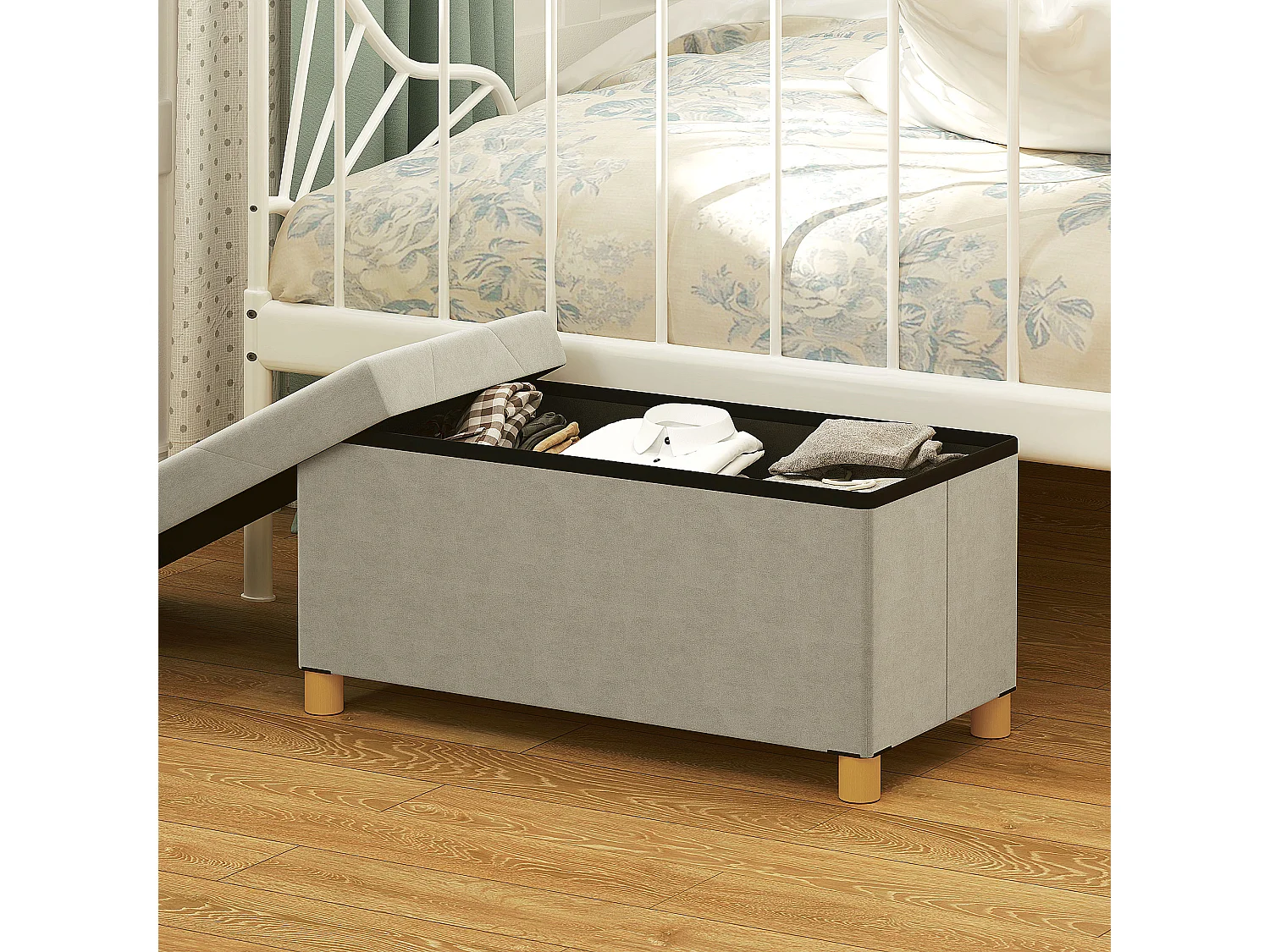 Panca contenitore pieghevole 67L in tessuto vellutato crema