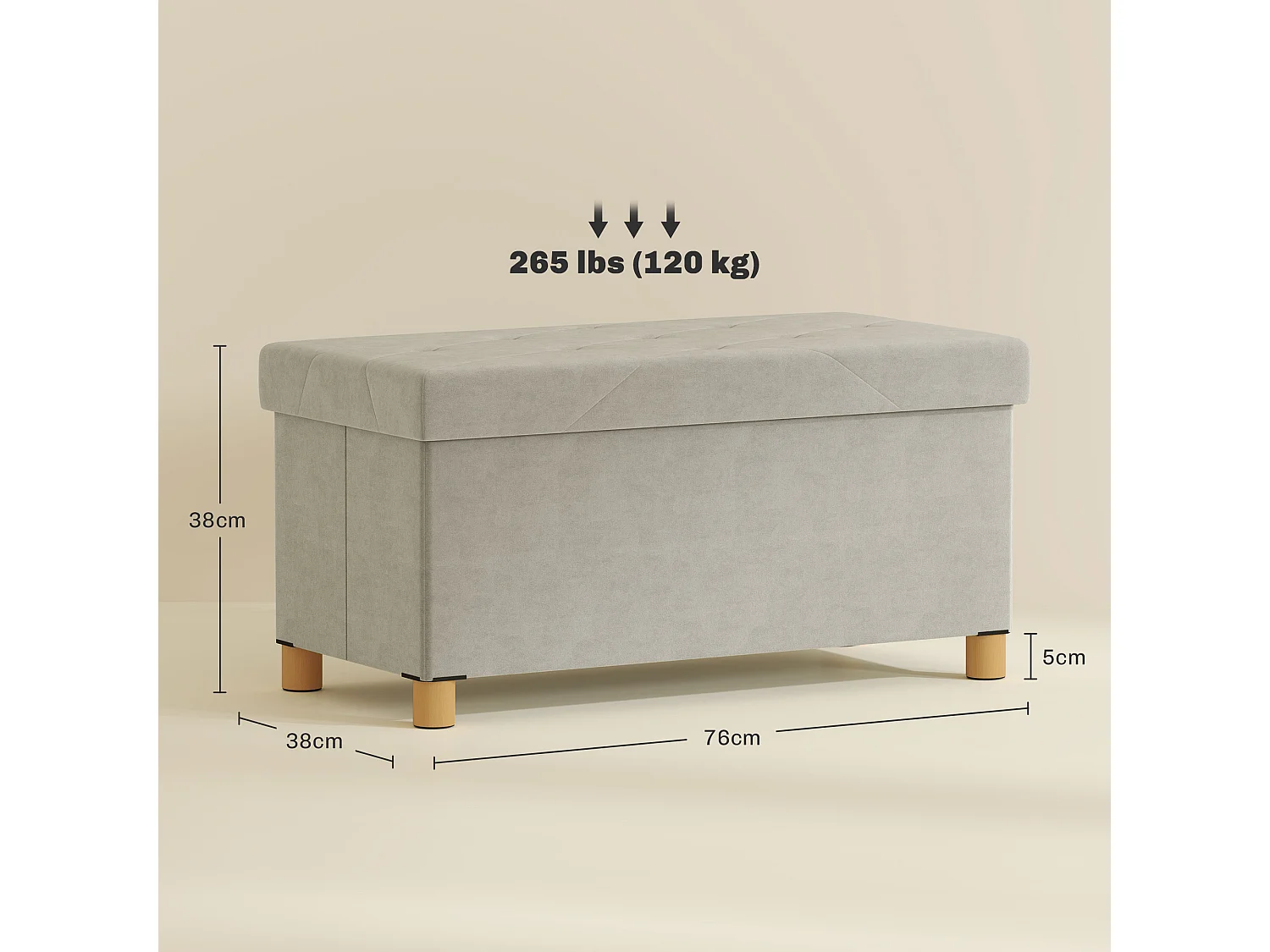 Panca contenitore pieghevole 67L in tessuto vellutato crema