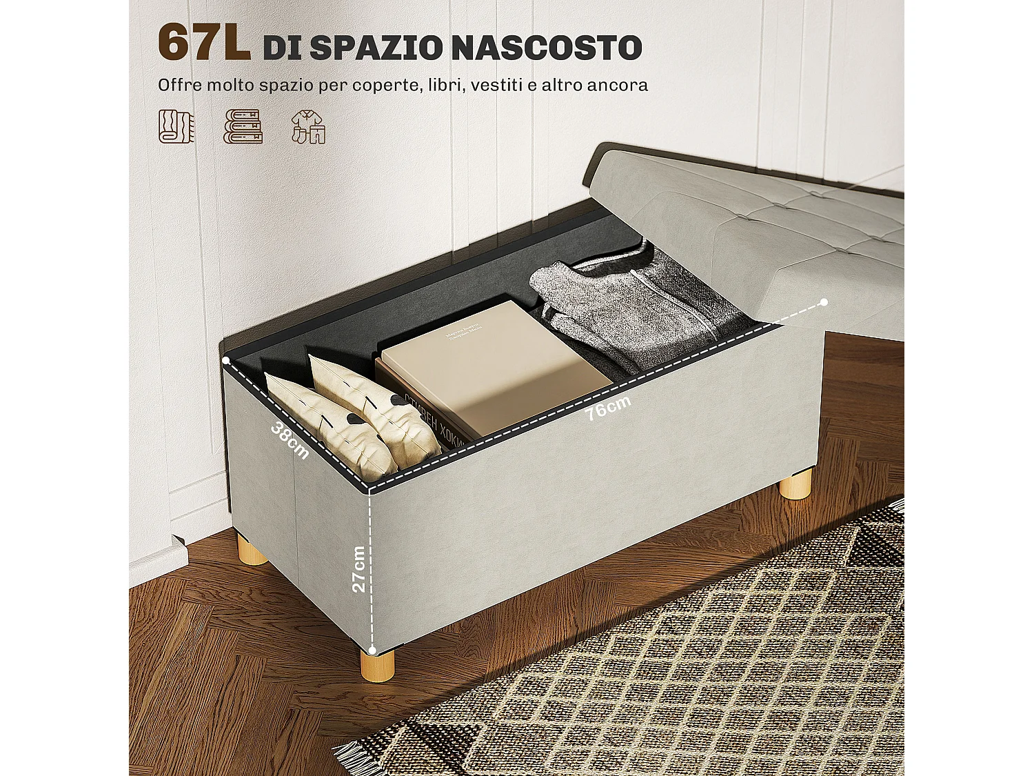 Panca contenitore pieghevole 67L in tessuto vellutato crema