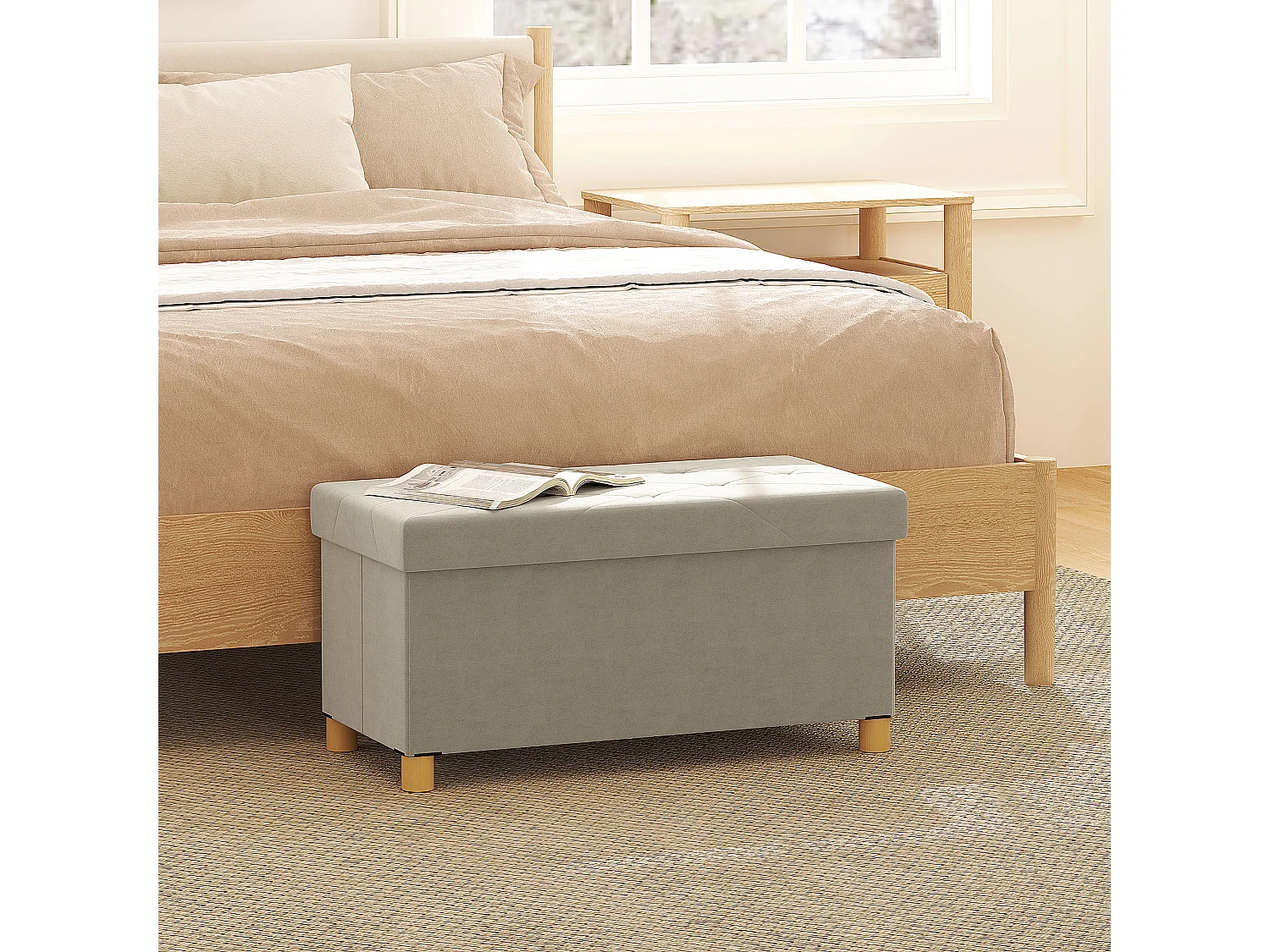 Panca contenitore pieghevole 67L in tessuto vellutato crema