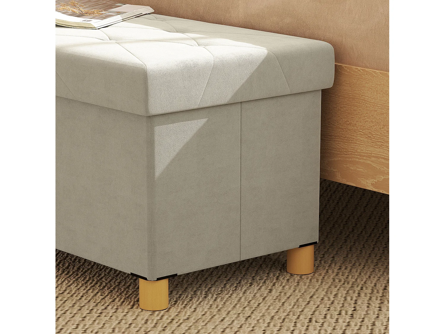 Panca contenitore pieghevole 67L in tessuto vellutato crema