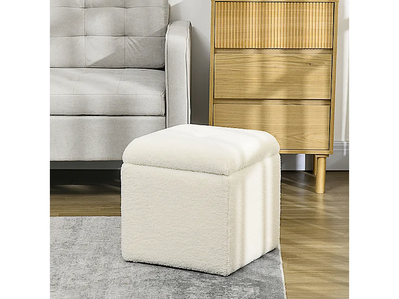 Pouf contenitore quadrato imbottito in tessuto teddy bianco crema