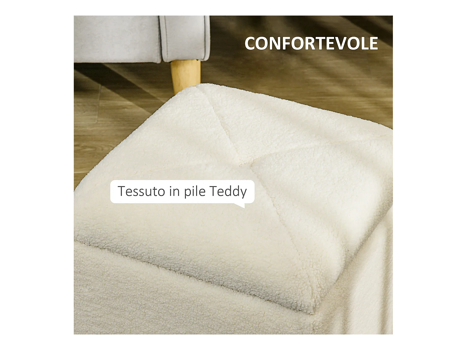 Pouf contenitore quadrato imbottito in tessuto teddy bianco crema