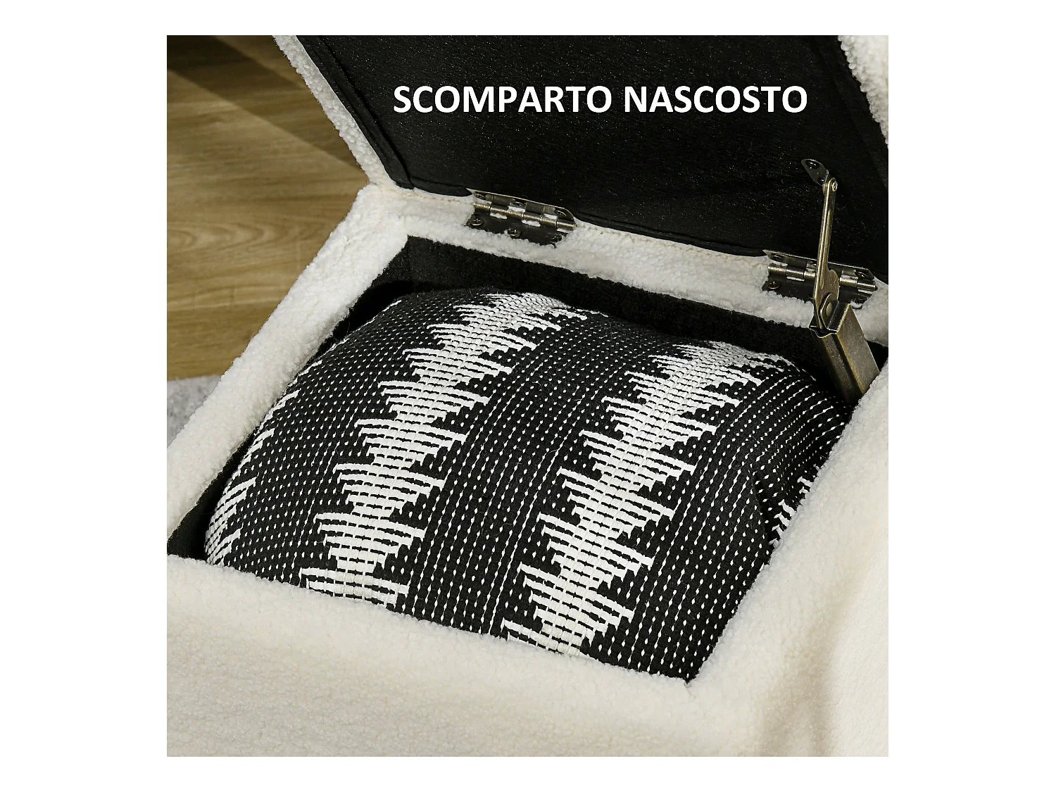 Pouf contenitore quadrato imbottito in tessuto teddy bianco crema