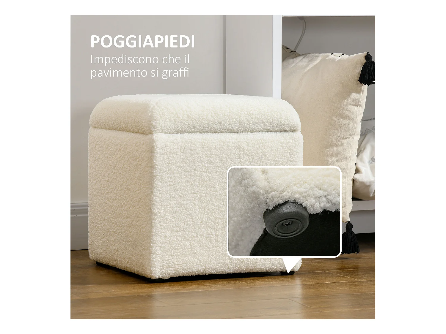 Pouf contenitore quadrato imbottito in tessuto teddy bianco crema