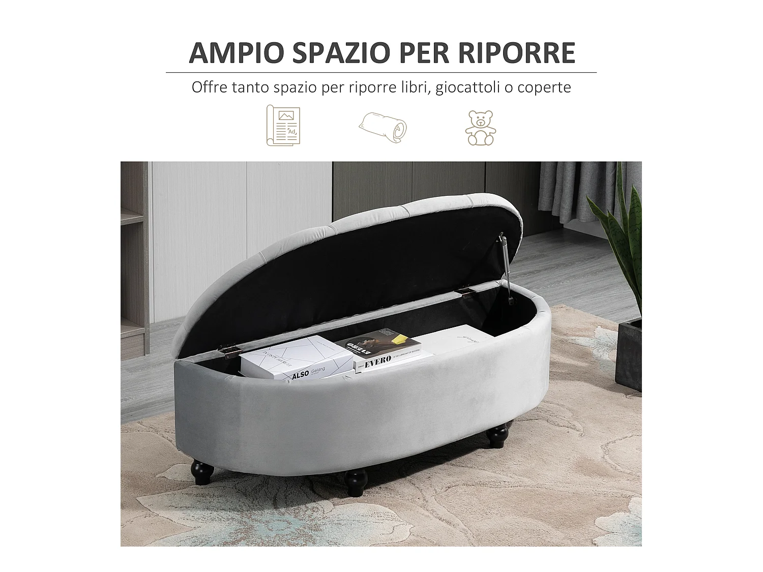 Panca contenitore fondoletto capitonné a semicerchio in velluto grigio