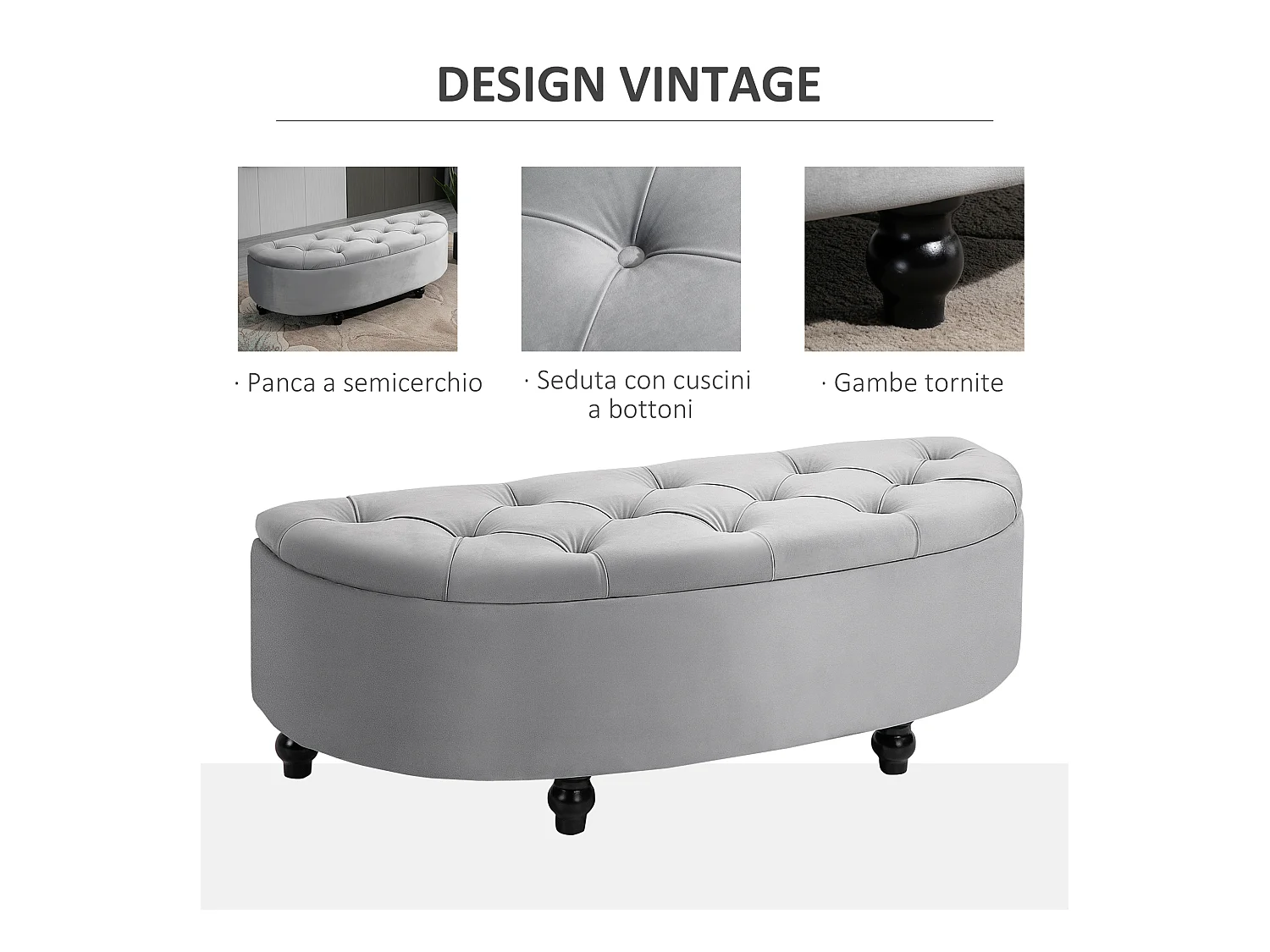 Panca contenitore fondoletto capitonné a semicerchio in velluto grigio