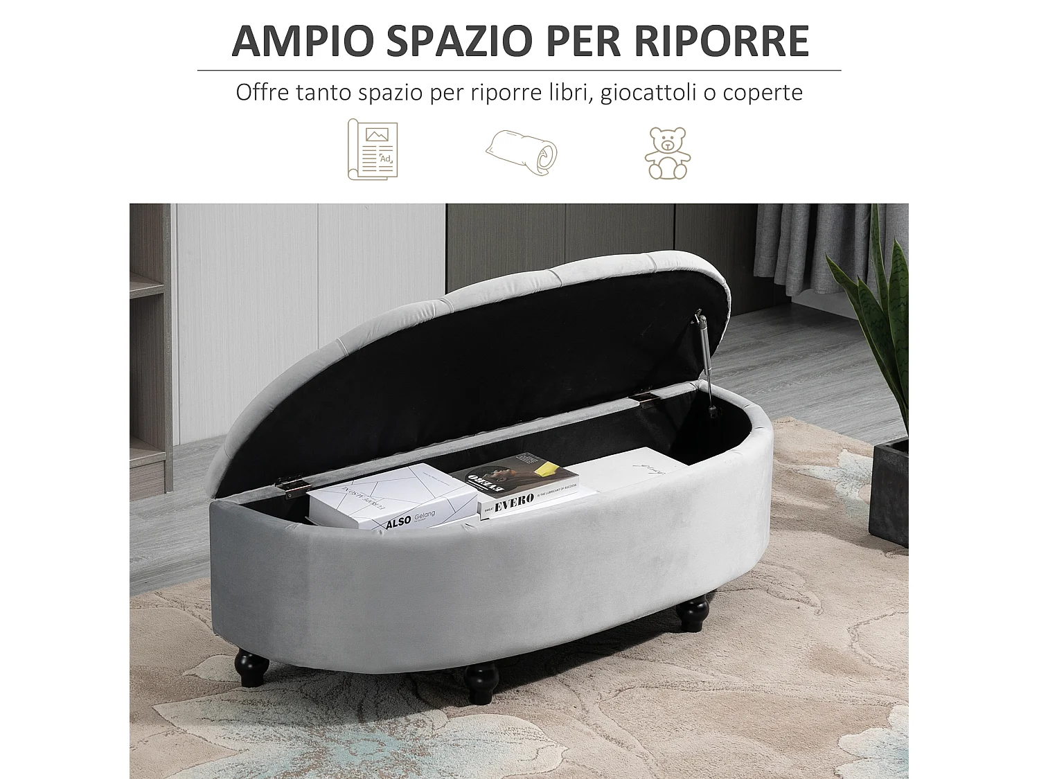 Panca contenitore fondoletto capitonné a semicerchio in velluto grigio