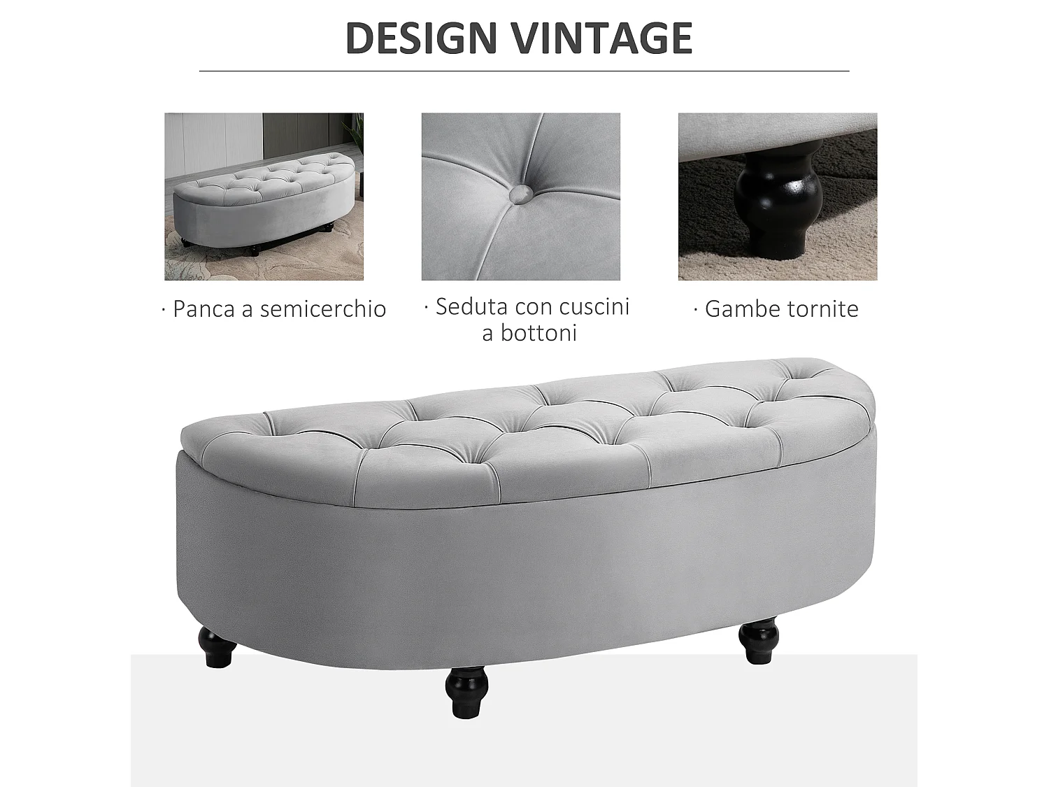 Panca contenitore fondoletto capitonné a semicerchio in velluto grigio