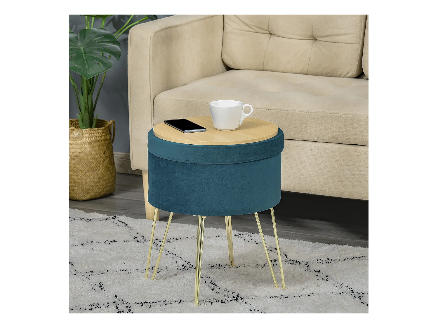 Pouf contenitore 2 in 1 sgabello o tavolino in legno e velluto verde