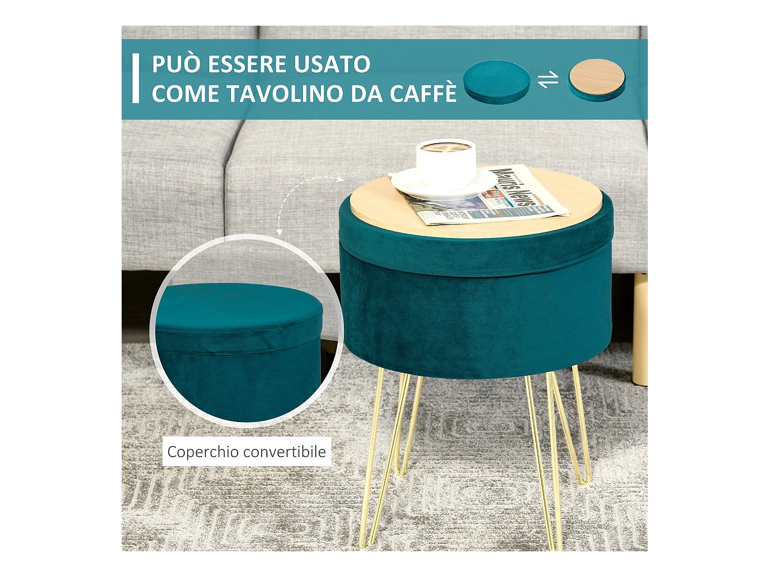 Pouf contenitore 2 in 1 sgabello o tavolino in legno e velluto verde