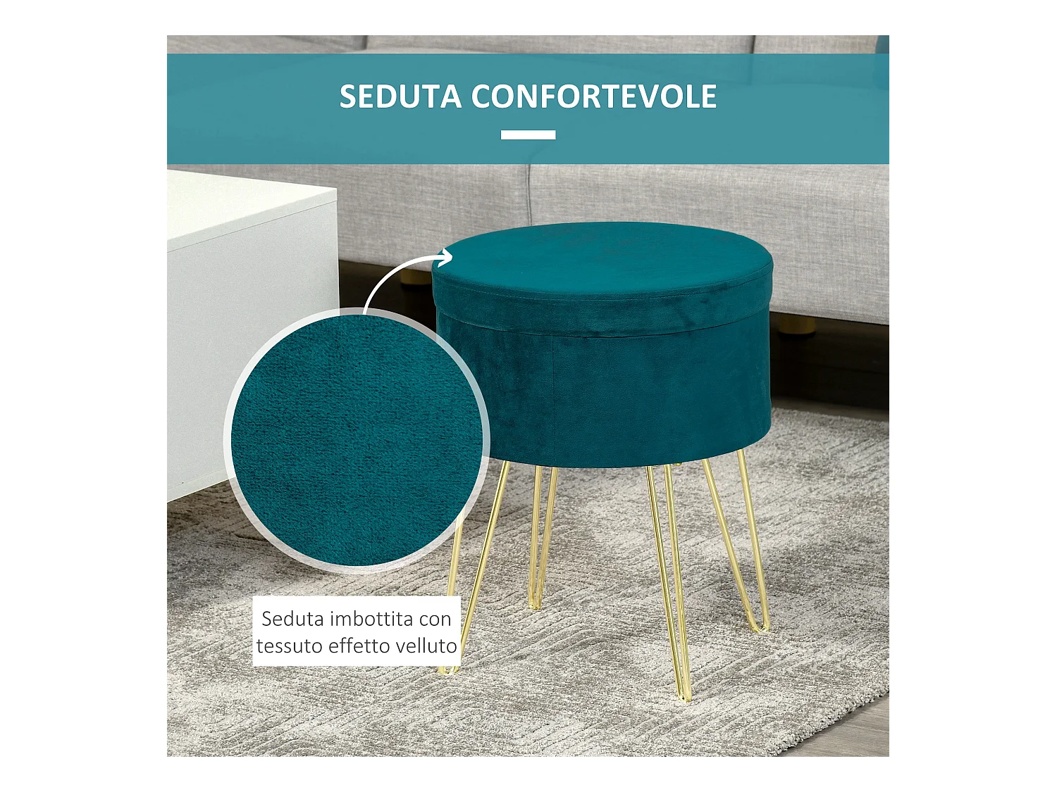 Pouf contenitore 2 in 1 sgabello o tavolino in legno e velluto verde
