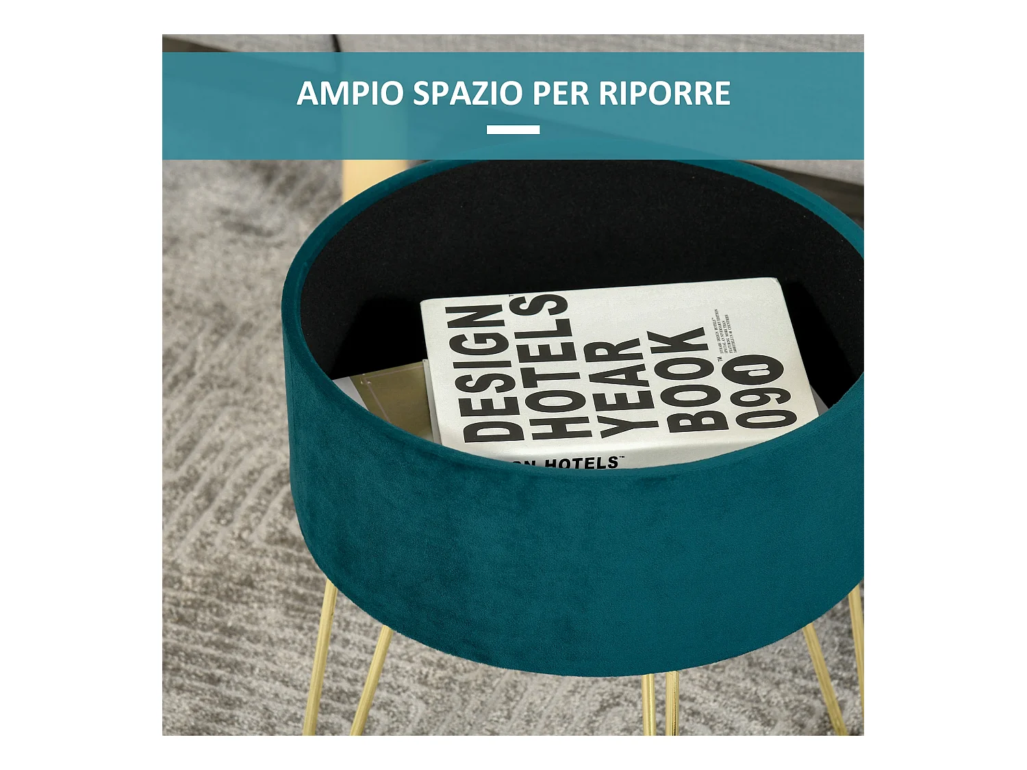 Pouf contenitore 2 in 1 sgabello o tavolino in legno e velluto verde