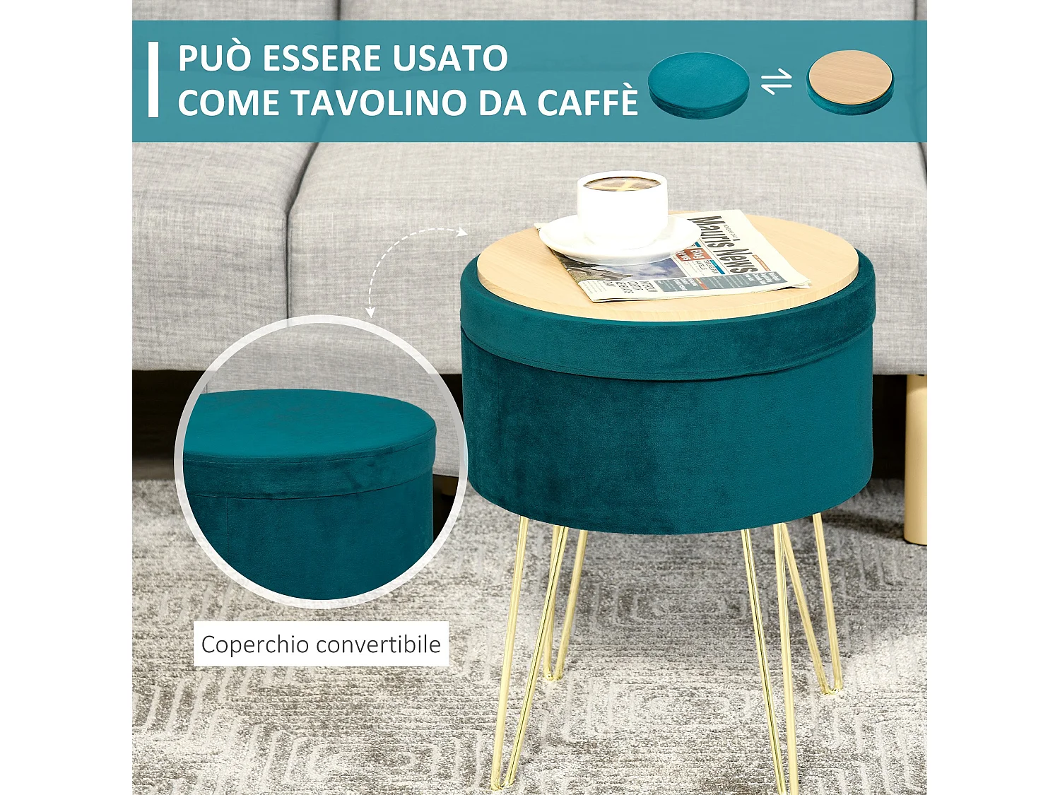 Pouf contenitore 2 in 1 sgabello o tavolino in legno e velluto verde