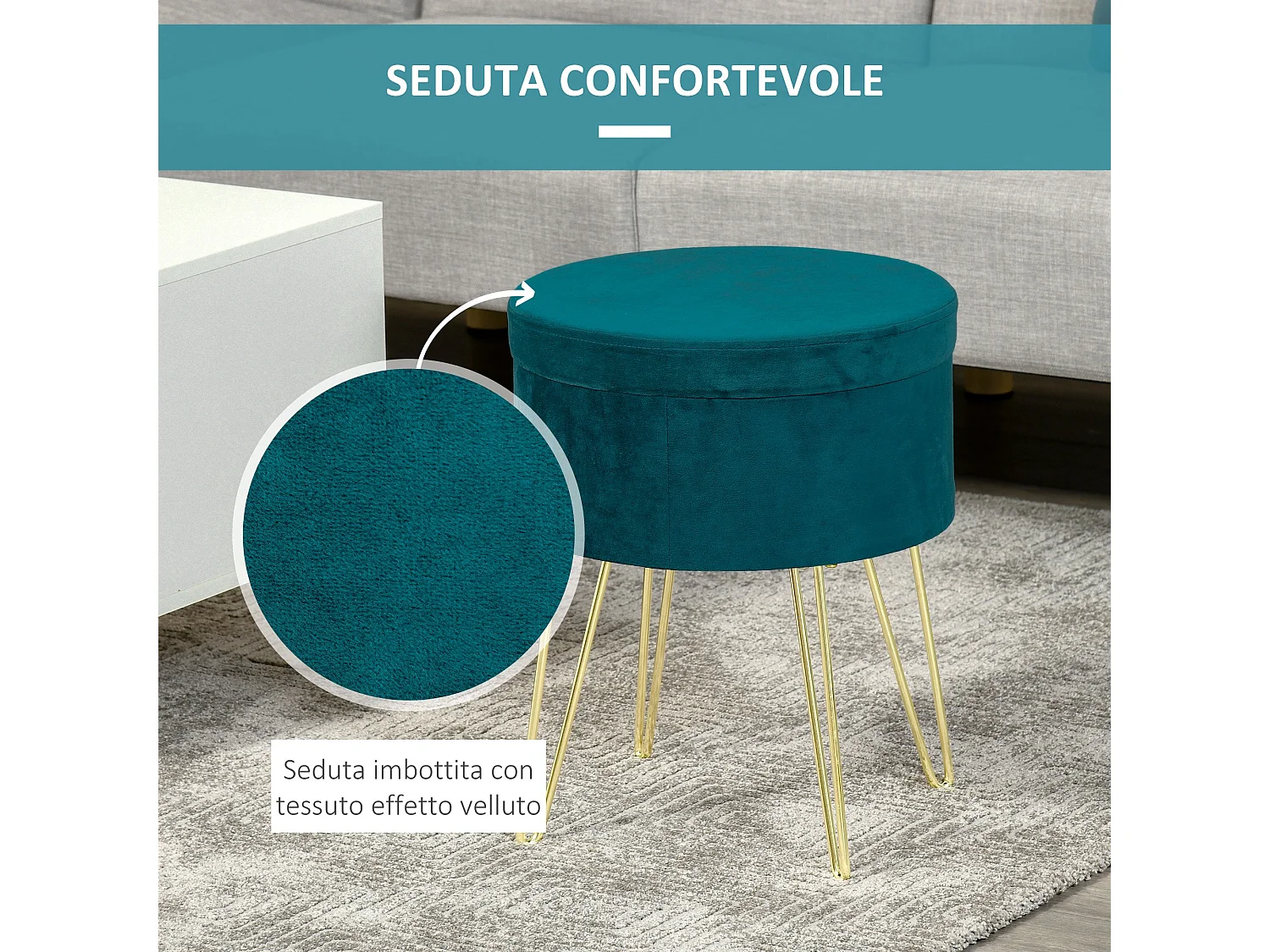 Pouf contenitore 2 in 1 sgabello o tavolino in legno e velluto verde