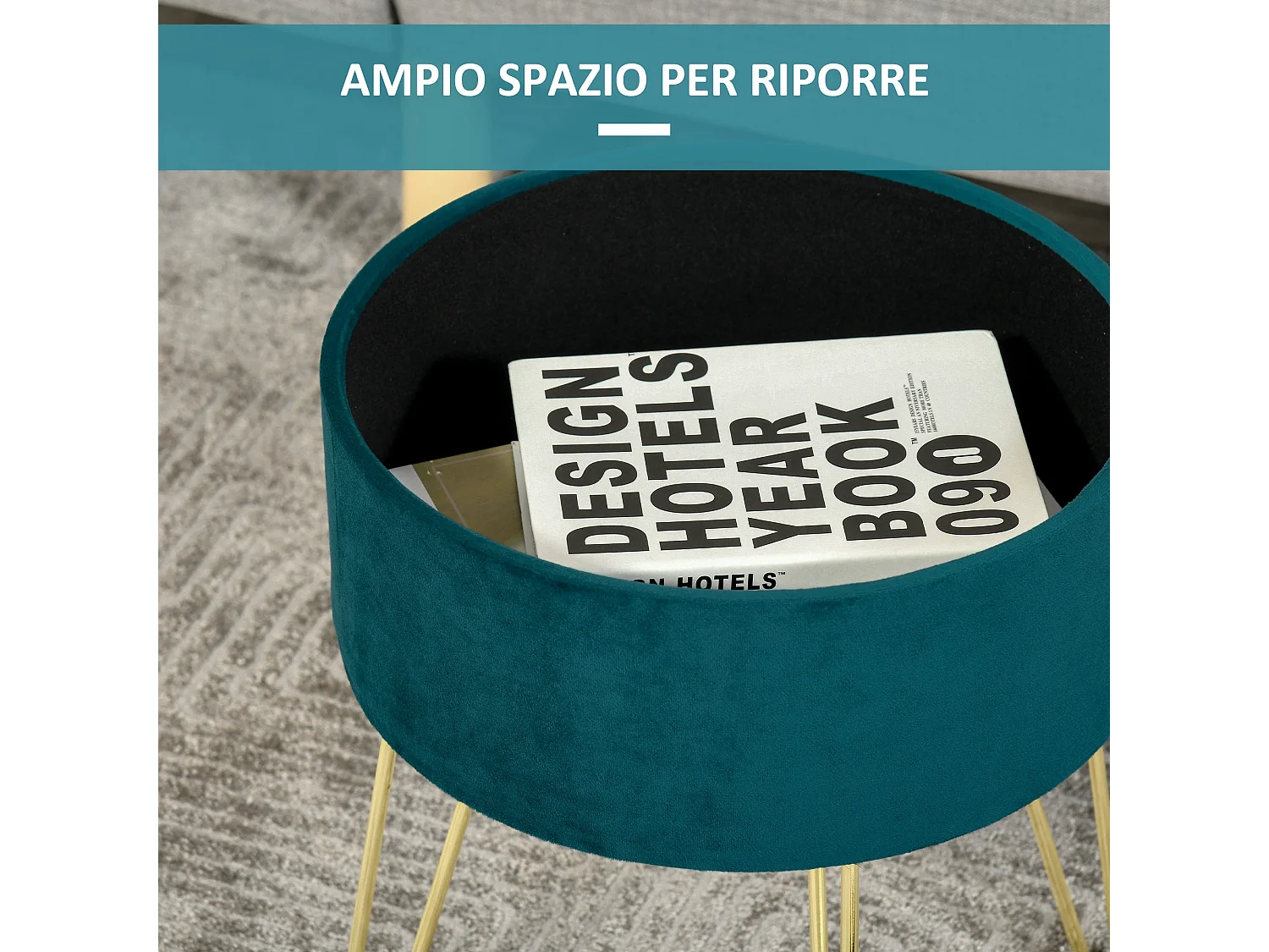 Pouf contenitore 2 in 1 sgabello o tavolino in legno e velluto verde