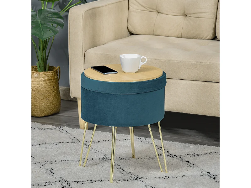 Pouf contenitore 2 in 1 sgabello o tavolino in legno e velluto verde