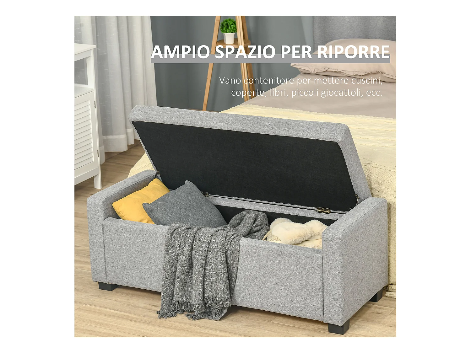 Panca fondoletto contenitore in tessuto grigio 120x50x44cm