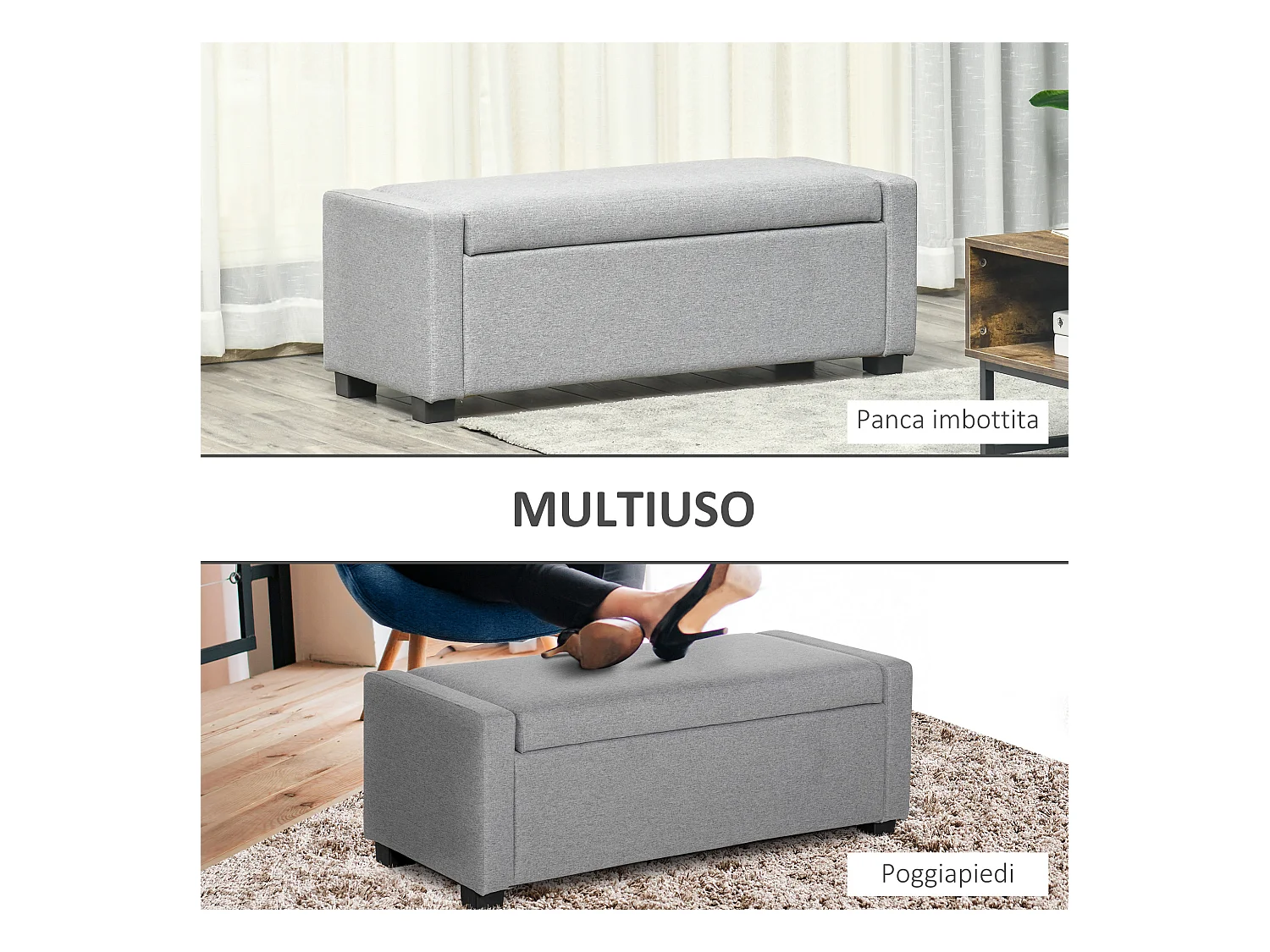 Panca fondoletto contenitore in tessuto grigio 120x50x44cm