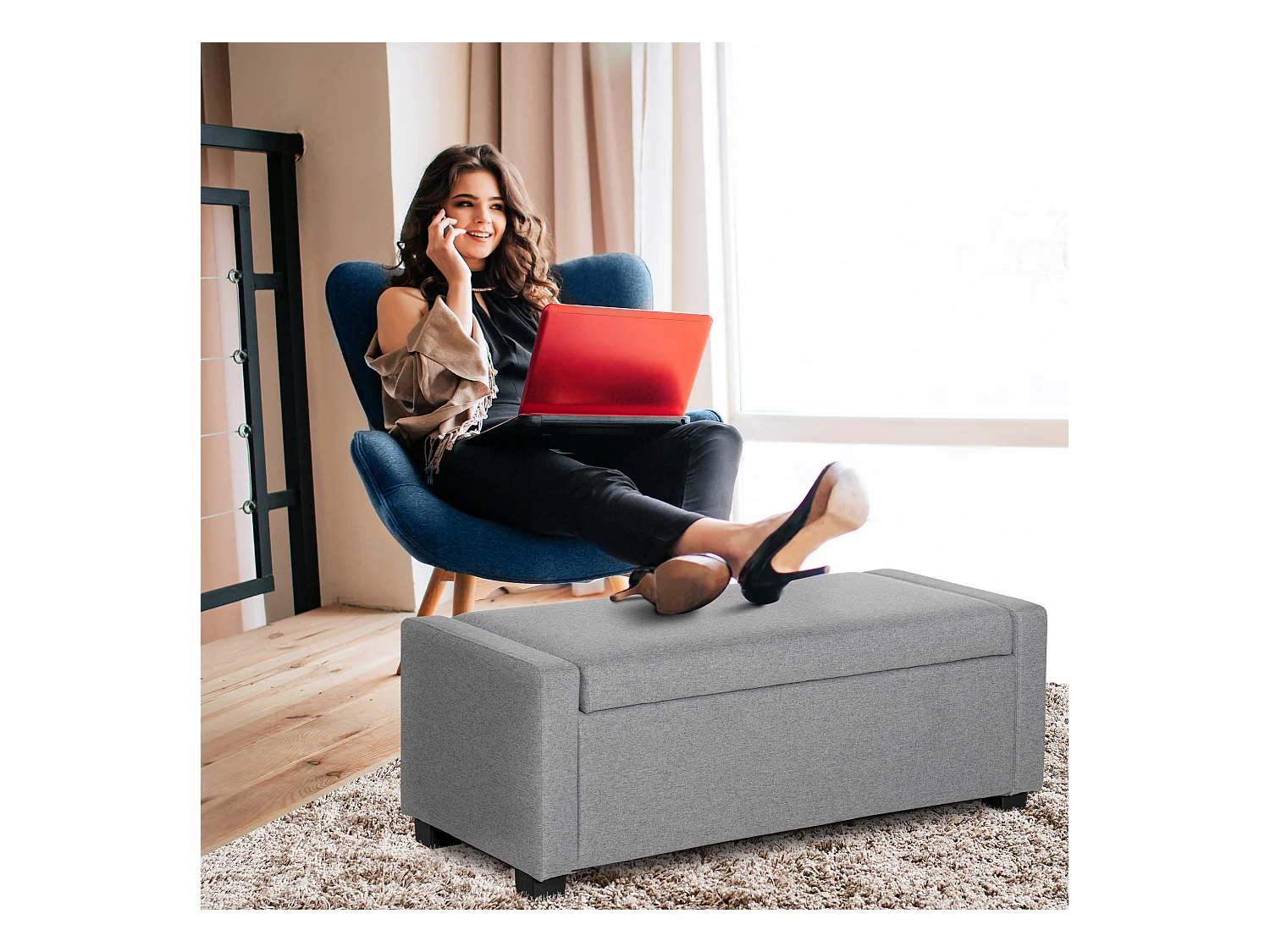 Panca fondoletto contenitore in tessuto grigio 120x50x44cm