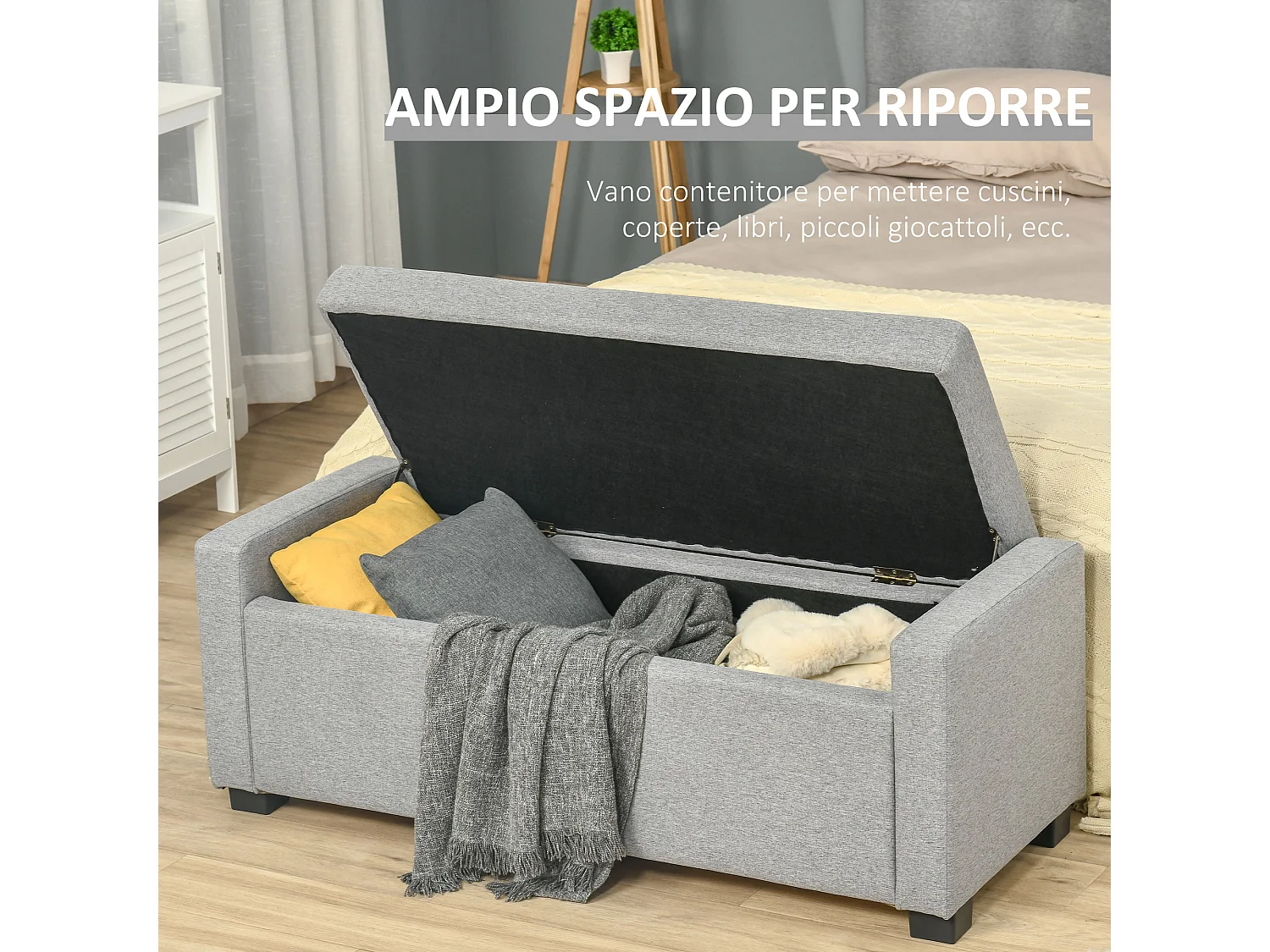 Panca fondoletto contenitore in tessuto grigio 120x50x44cm