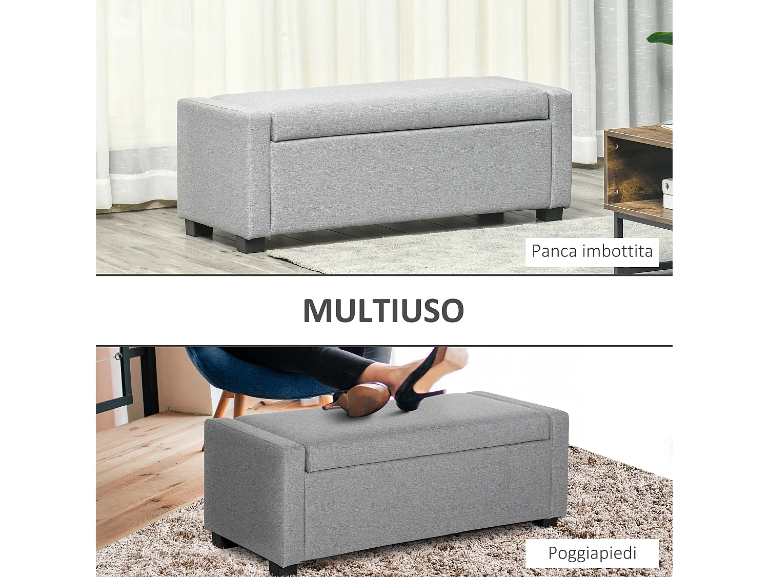 Panca fondoletto contenitore in tessuto grigio 120x50x44cm