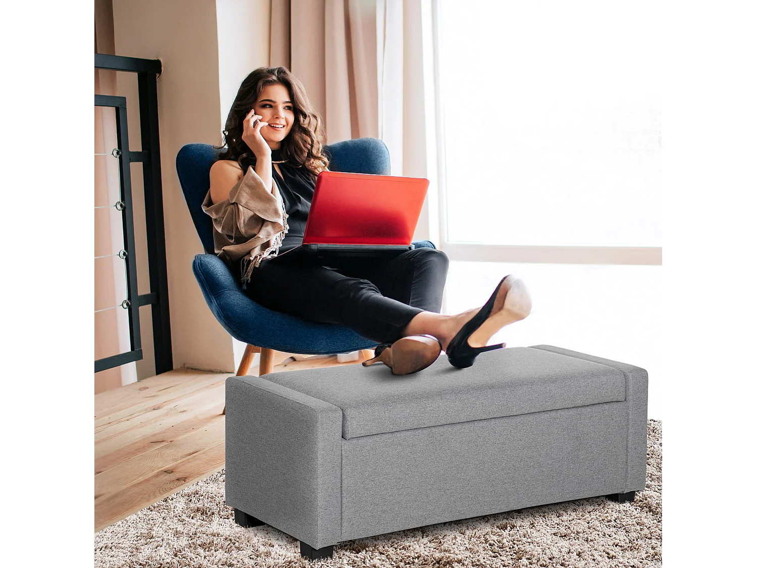 Panca fondoletto contenitore in tessuto grigio 120x50x44cm