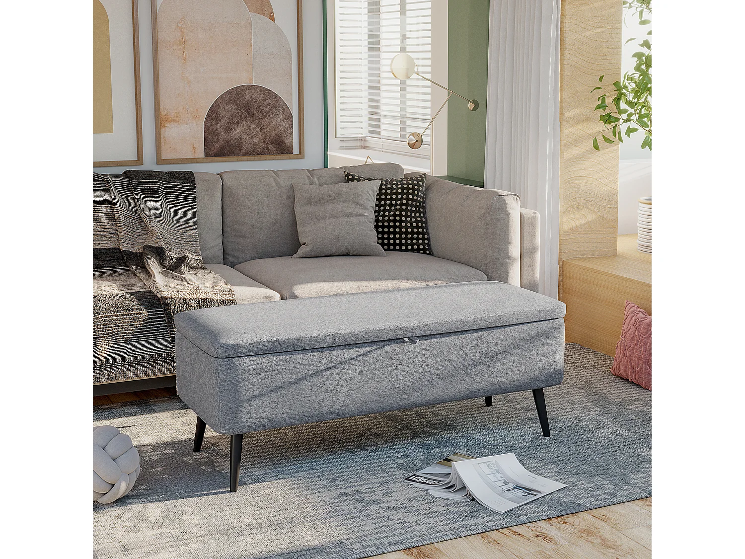 Panca contenitore in tessuto effetto velluto grigia