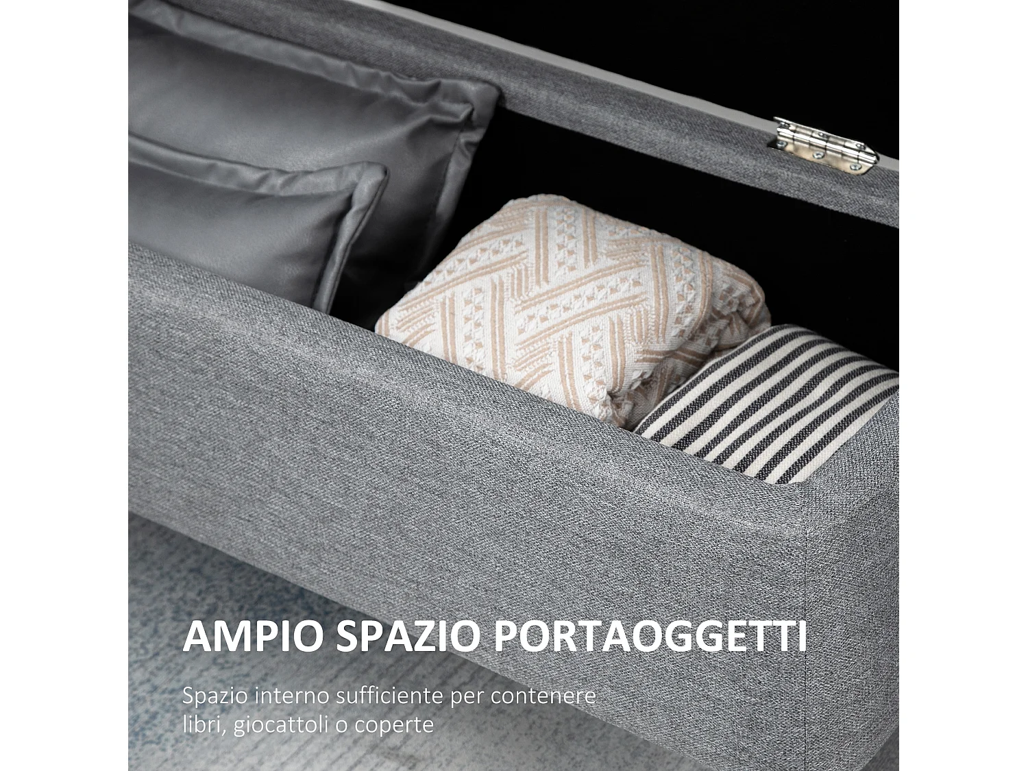 Panca contenitore in tessuto effetto velluto grigia