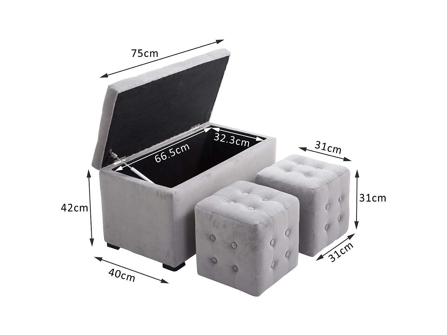 Set 3 pezzi pouf contenitore con 2 sgabelli in simil velluto grigio
