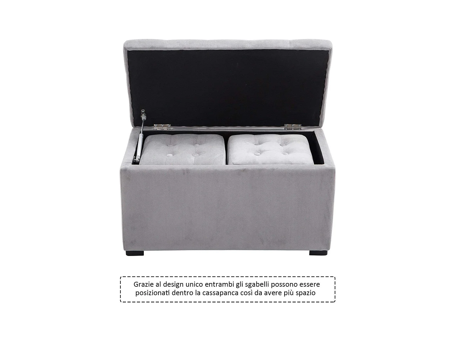 Set 3 pezzi pouf contenitore con 2 sgabelli in simil velluto grigio