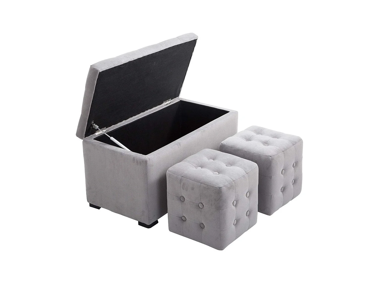 Set 3 pezzi pouf contenitore con 2 sgabelli in simil velluto grigio