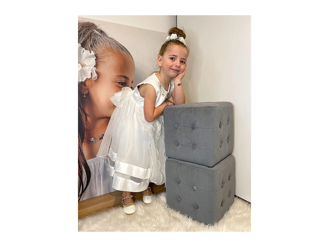 Set 3 pezzi pouf contenitore con 2 sgabelli in simil velluto grigio