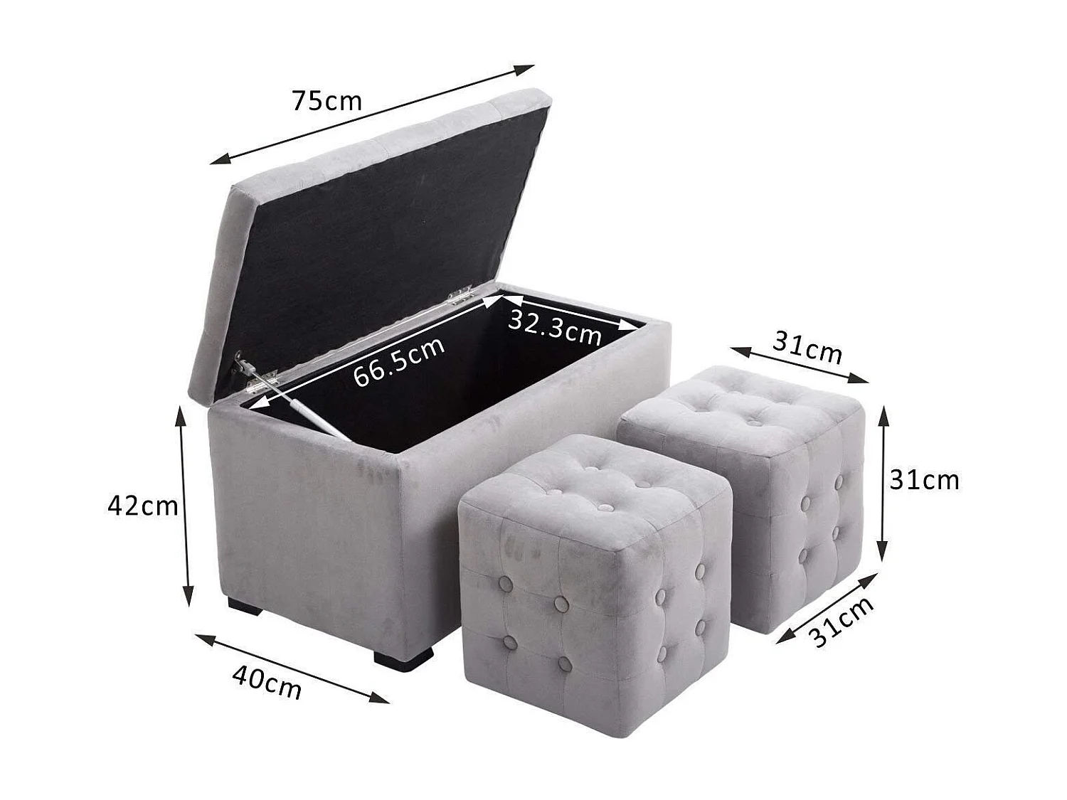 Set 3 pezzi pouf contenitore con 2 sgabelli in simil velluto grigio