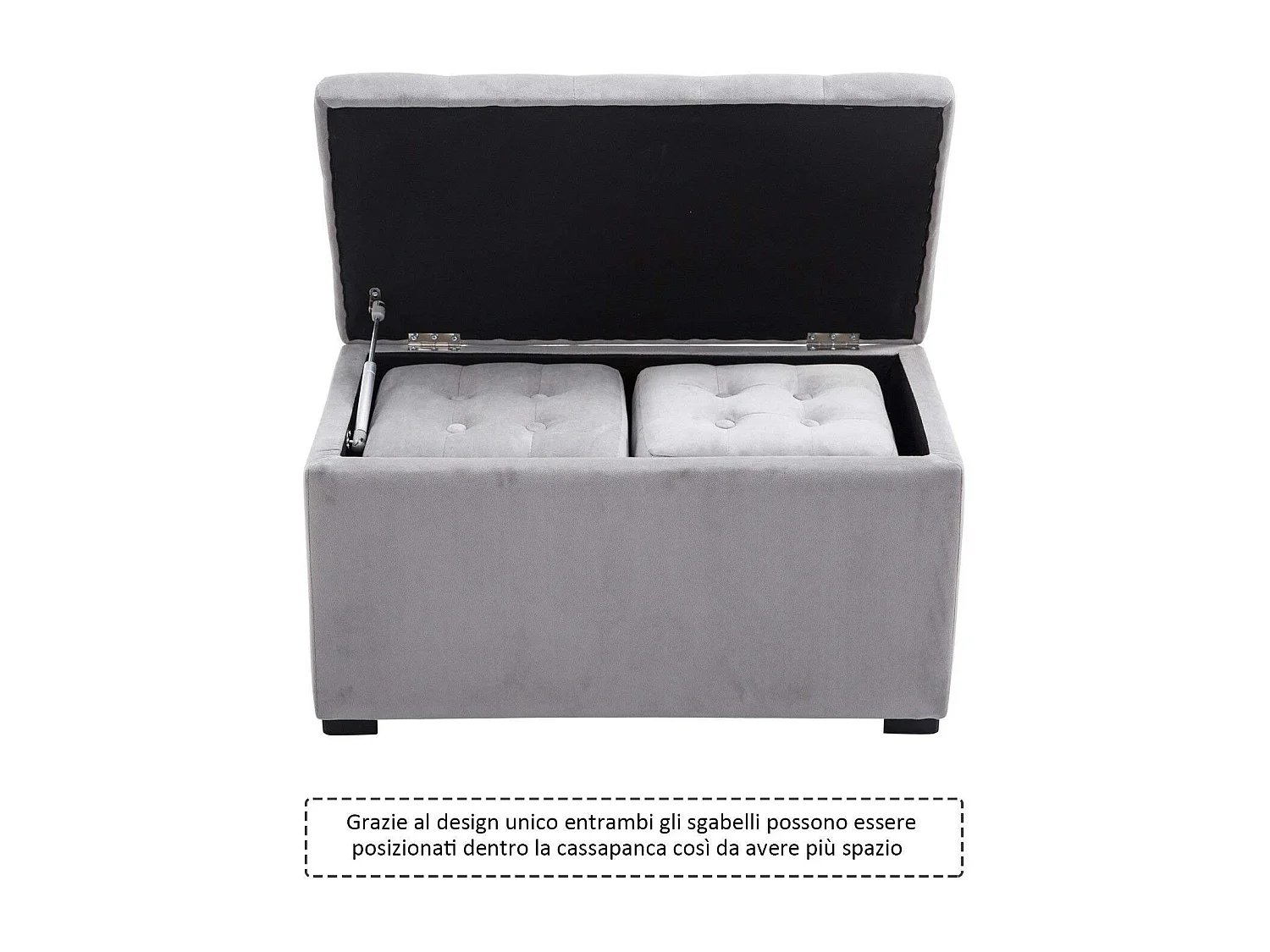 Set 3 pezzi pouf contenitore con 2 sgabelli in simil velluto grigio