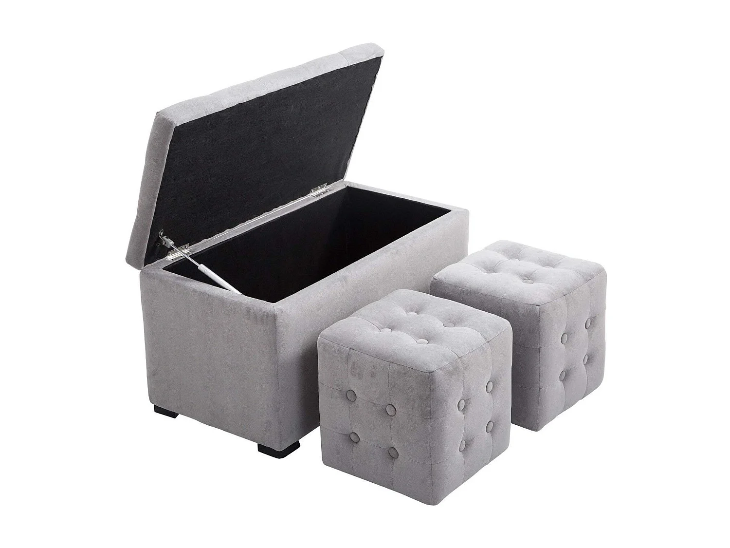 Set 3 pezzi pouf contenitore con 2 sgabelli in simil velluto grigio