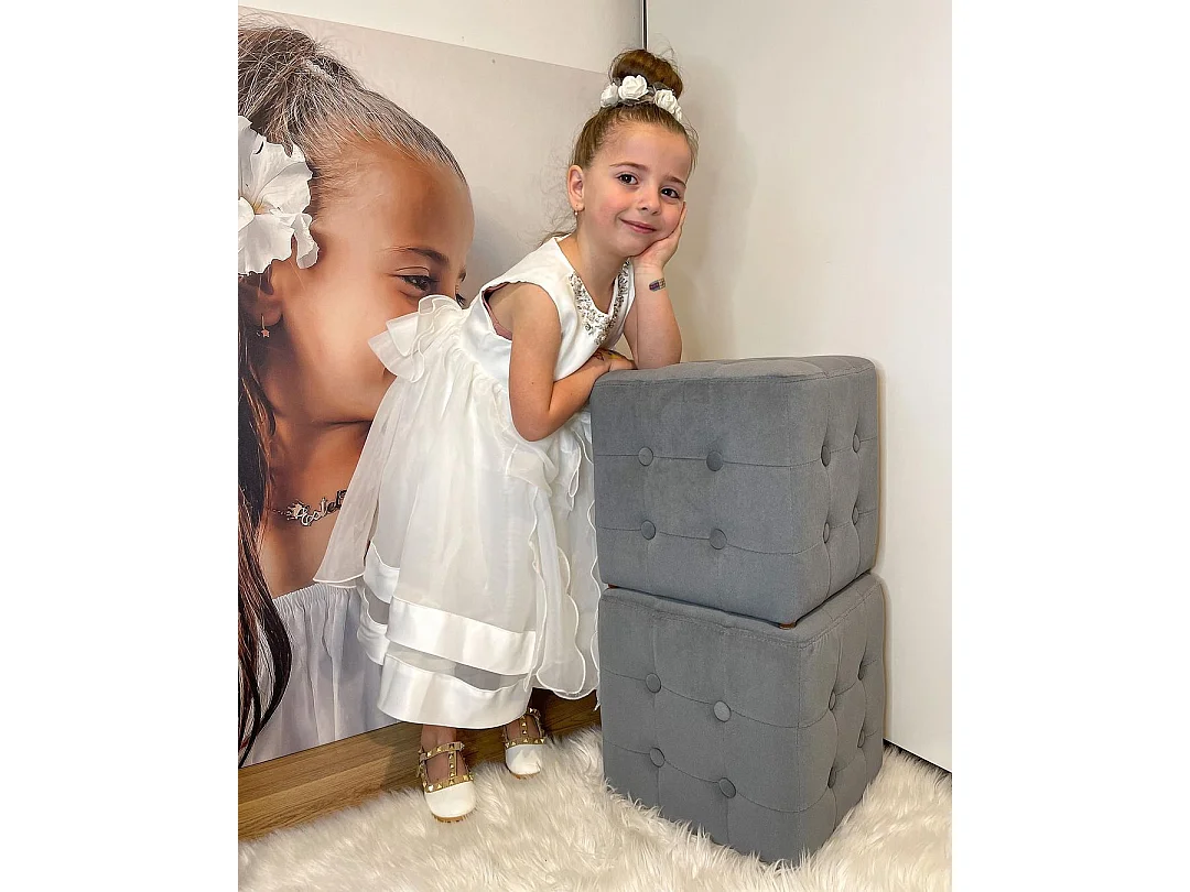 Set 3 pezzi pouf contenitore con 2 sgabelli in simil velluto grigio