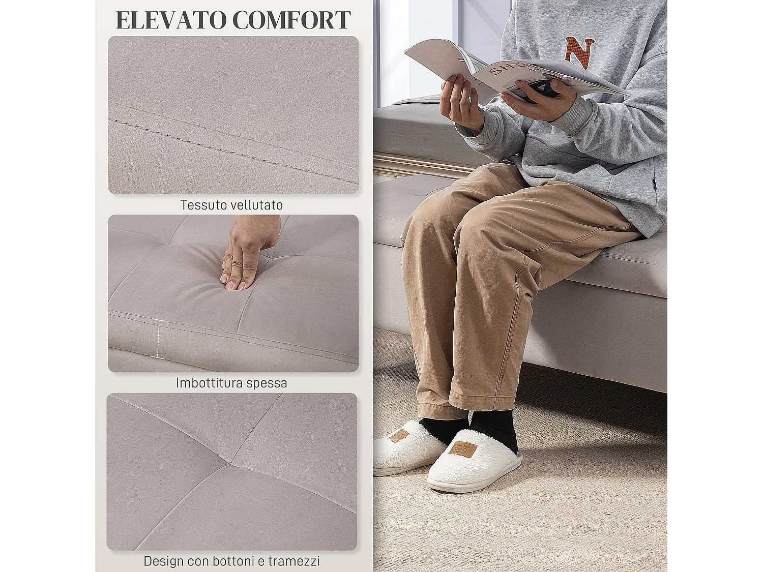 Panca contenitore fondo letto in tessuto vellutato grigio chiaro