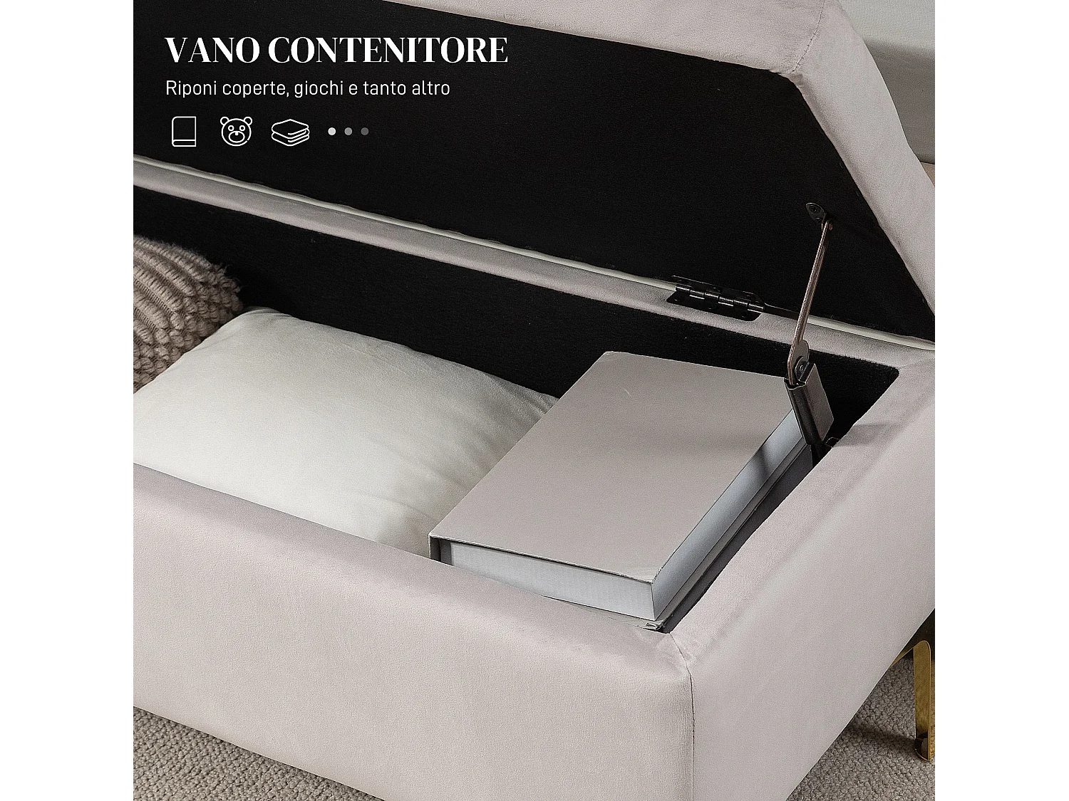 Panca contenitore fondo letto in tessuto vellutato grigio chiaro