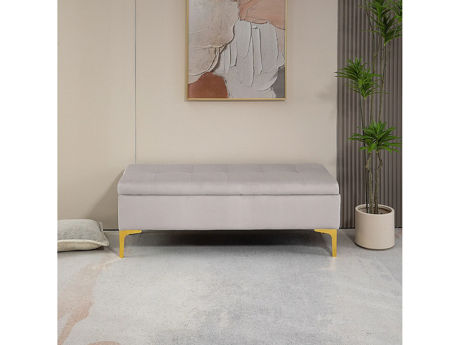 Panca contenitore fondo letto in tessuto vellutato grigio chiaro