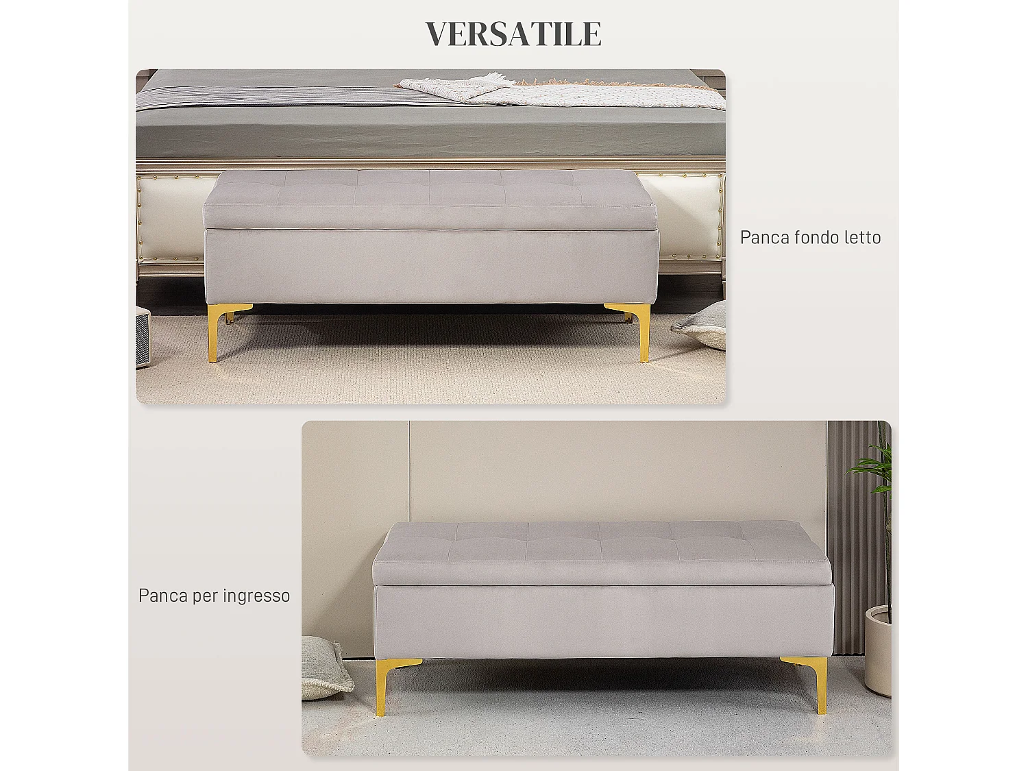 Panca contenitore fondo letto in tessuto vellutato grigio chiaro