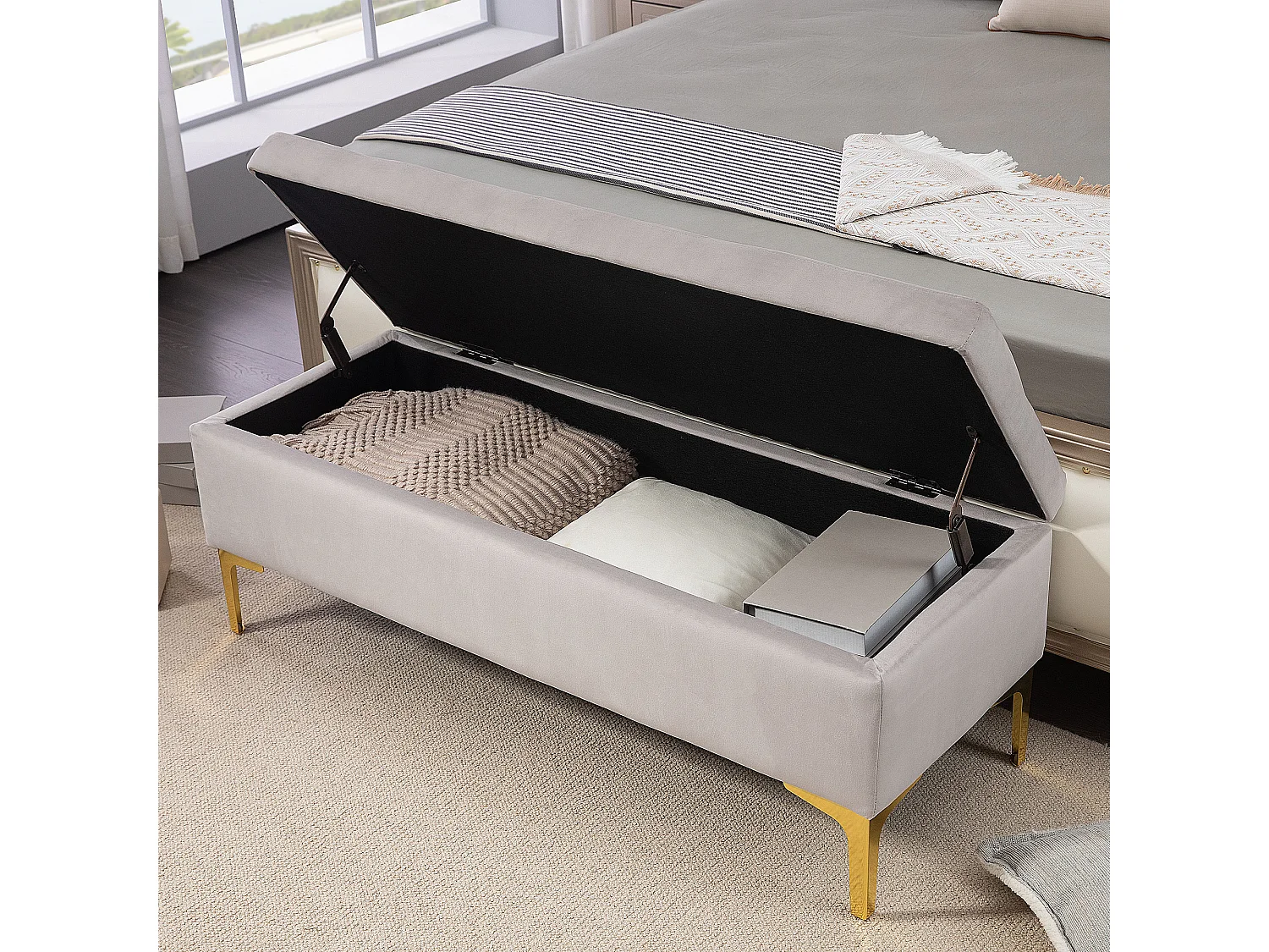 Panca contenitore fondo letto in tessuto vellutato grigio chiaro