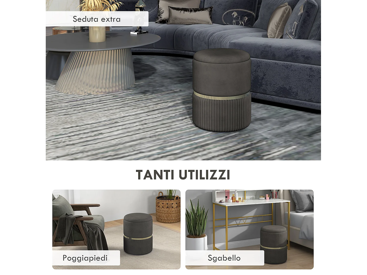 Pouf contenitore 120 kg max in poliestere vellutato grigio