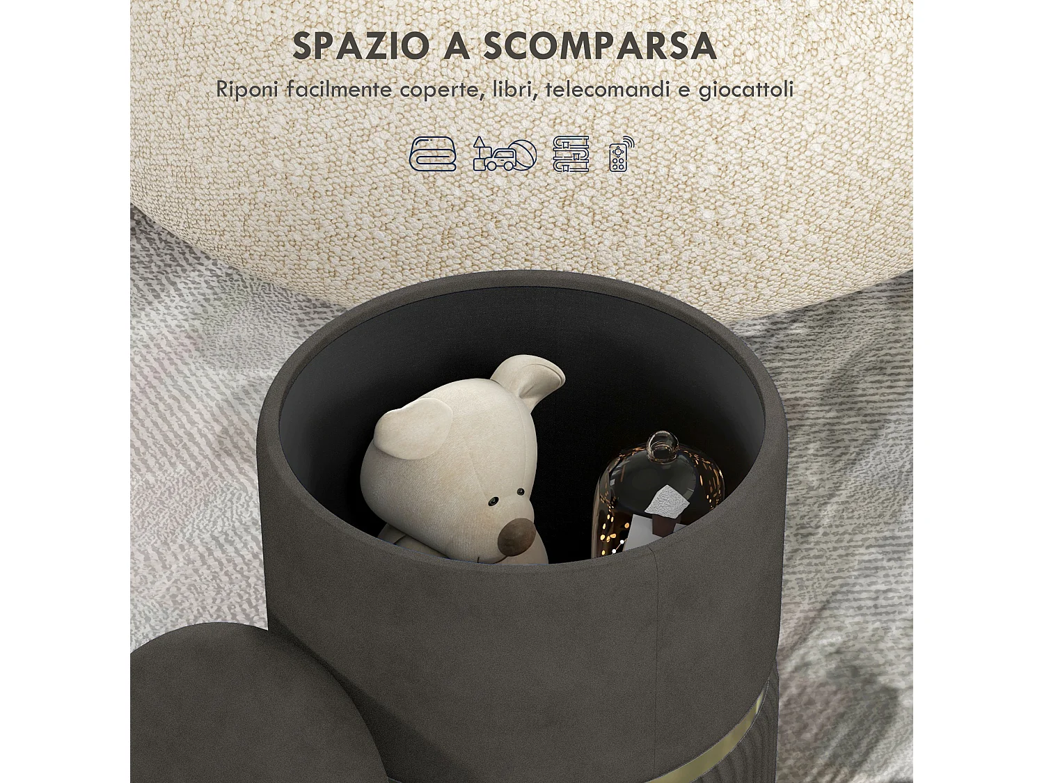 Pouf contenitore 120 kg max in poliestere vellutato grigio