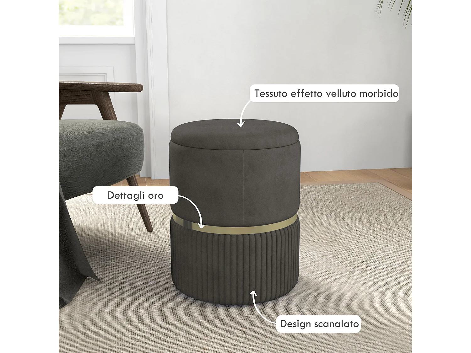 Pouf contenitore 120 kg max in poliestere vellutato grigio
