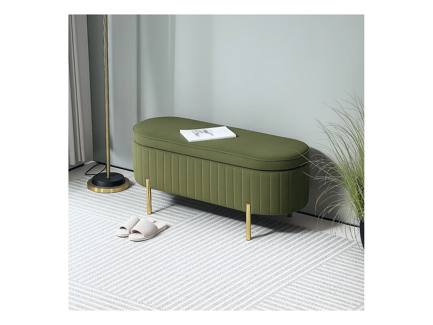 Panca contenitore ovale da 72l in tessuto effetto velluto verde