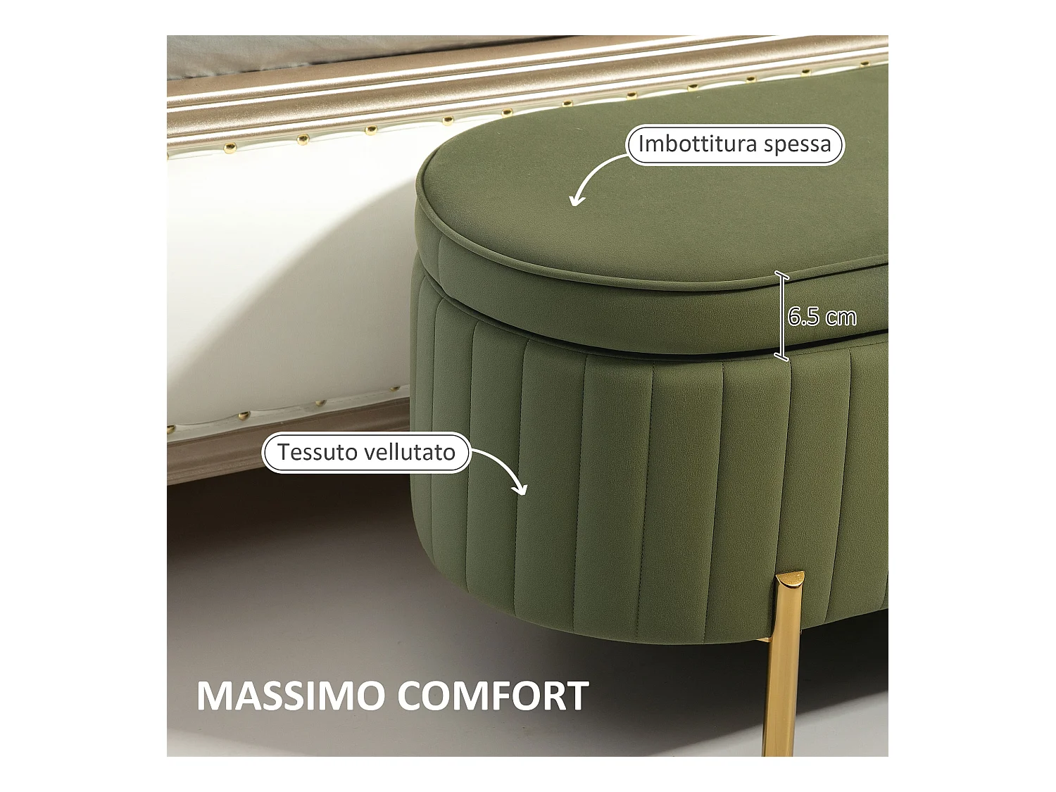 Panca contenitore ovale da 72l in tessuto effetto velluto verde