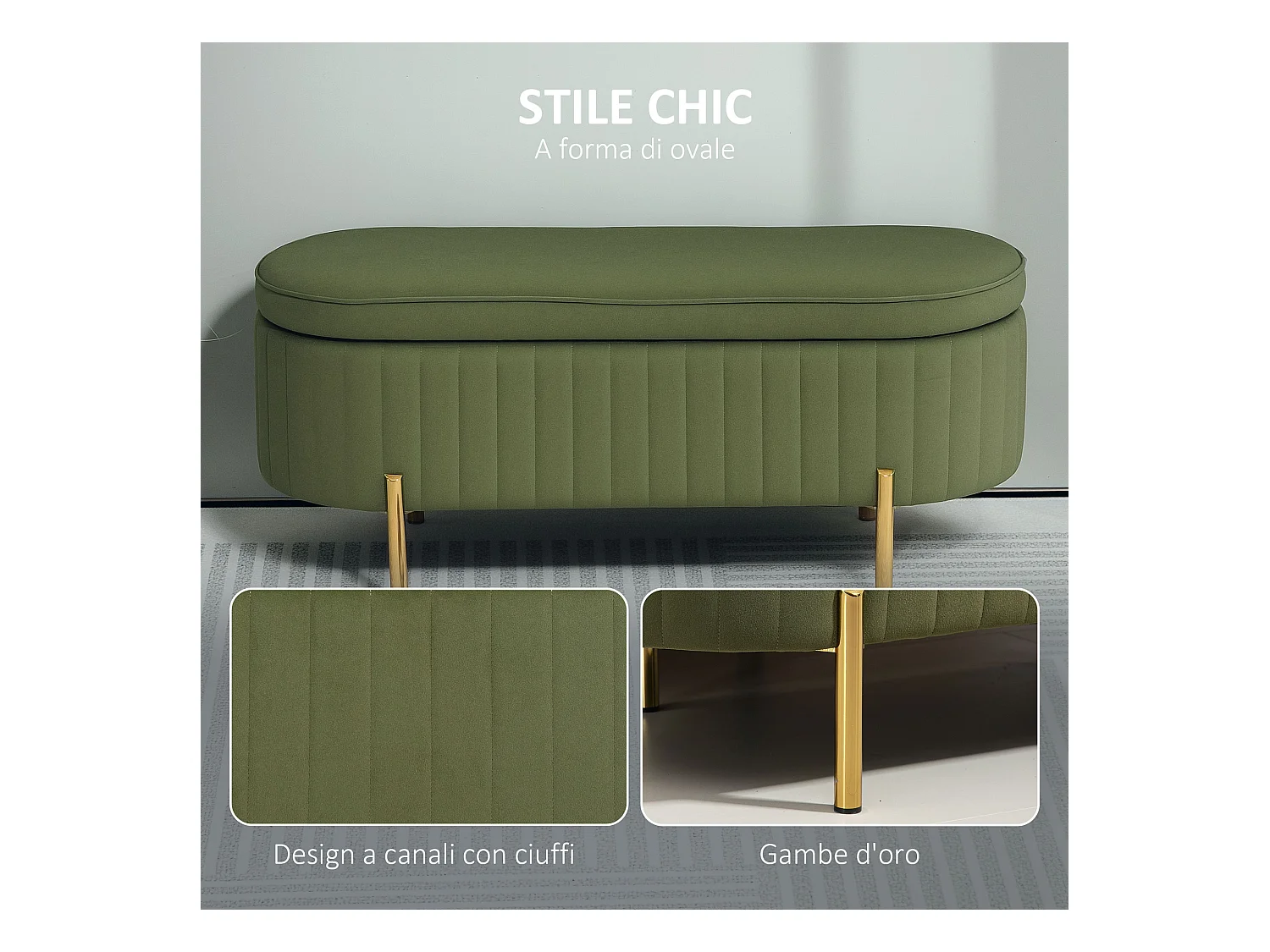 Panca contenitore ovale da 72l in tessuto effetto velluto verde