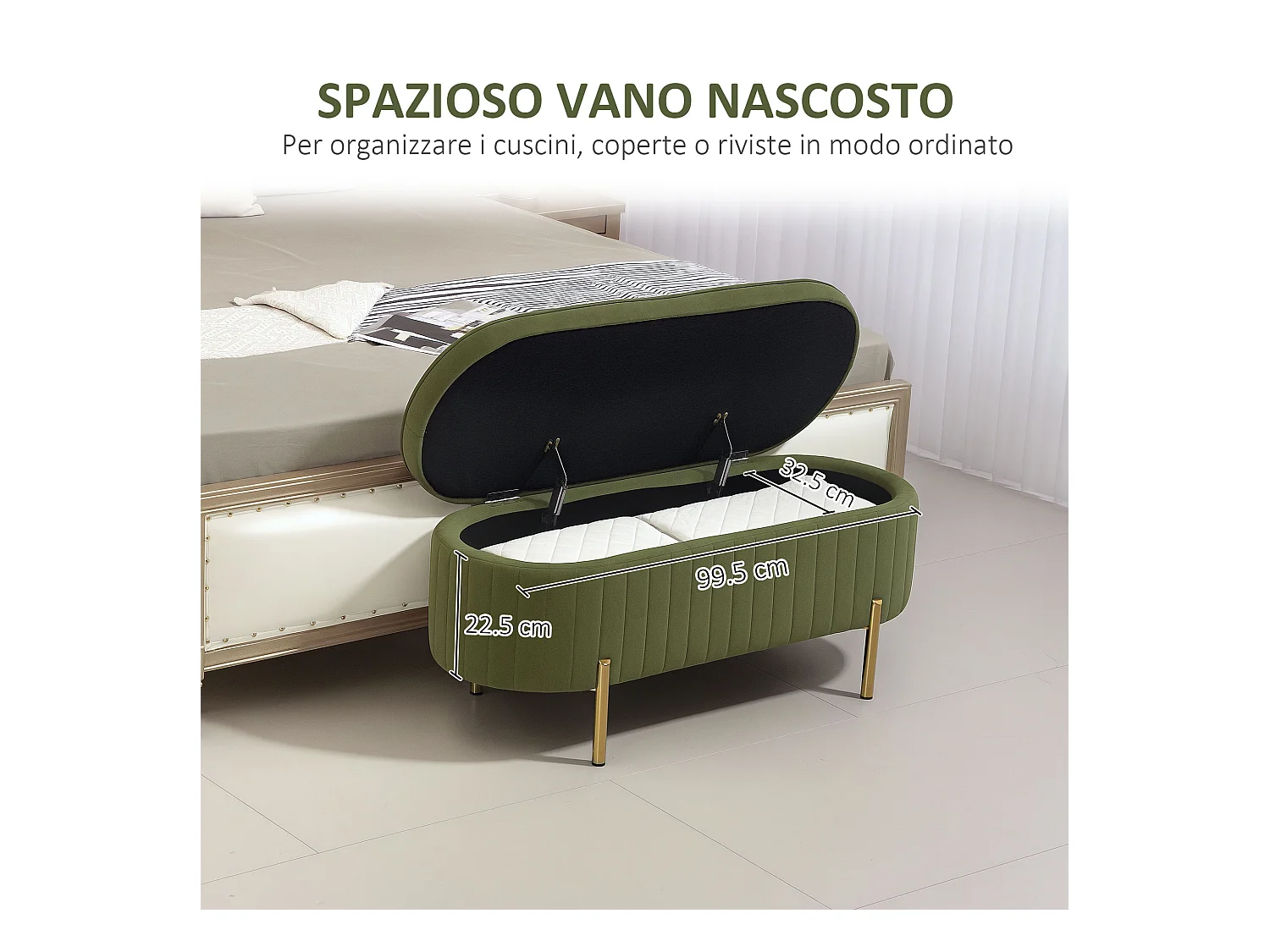 Panca contenitore ovale da 72l in tessuto effetto velluto verde