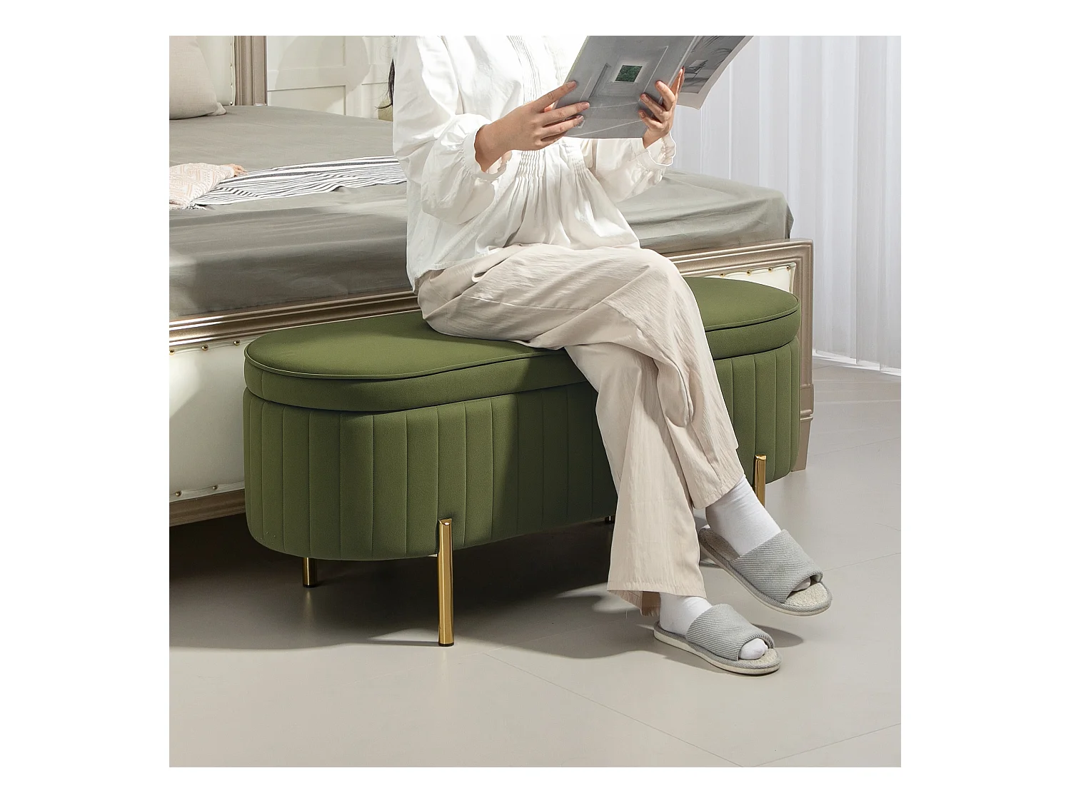 Panca contenitore ovale da 72l in tessuto effetto velluto verde